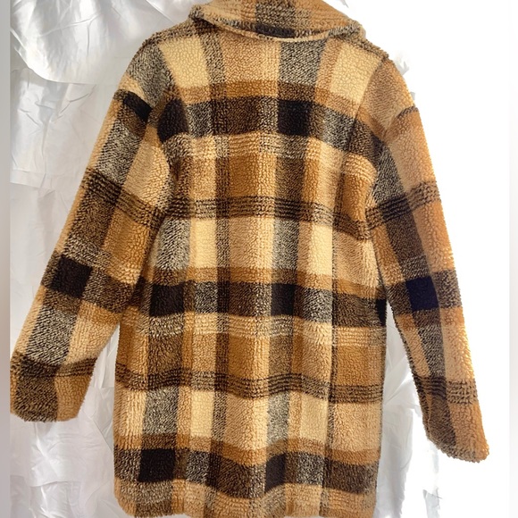 American Eagle faux fur, brown, oversized, checkered pea coat - Picture 3 of 4